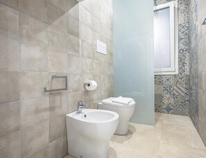 Shower, hair dryer, bidet, towels