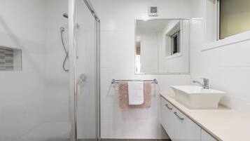 Hair dryer, towels, soap, toilet paper