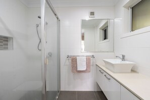 Hair dryer, towels, soap, toilet paper