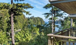 A view from a wooden deck overlooking a forested area with a lake in the background. - Views! Peaceful Cabin on Spring Cove • Seas and Trees Cabin (Ucluelet)