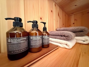 Shower, hair dryer, bidet, towels