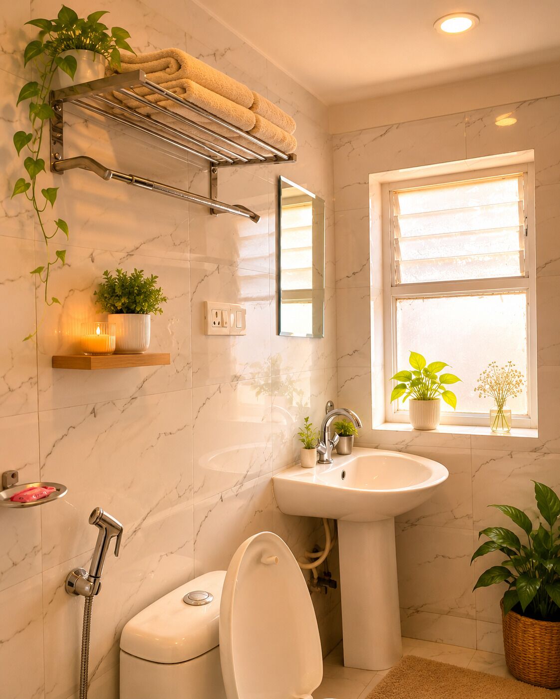 Casa de banho com sanita, lavatório, chuveiro, porta-toalhas e plantas.