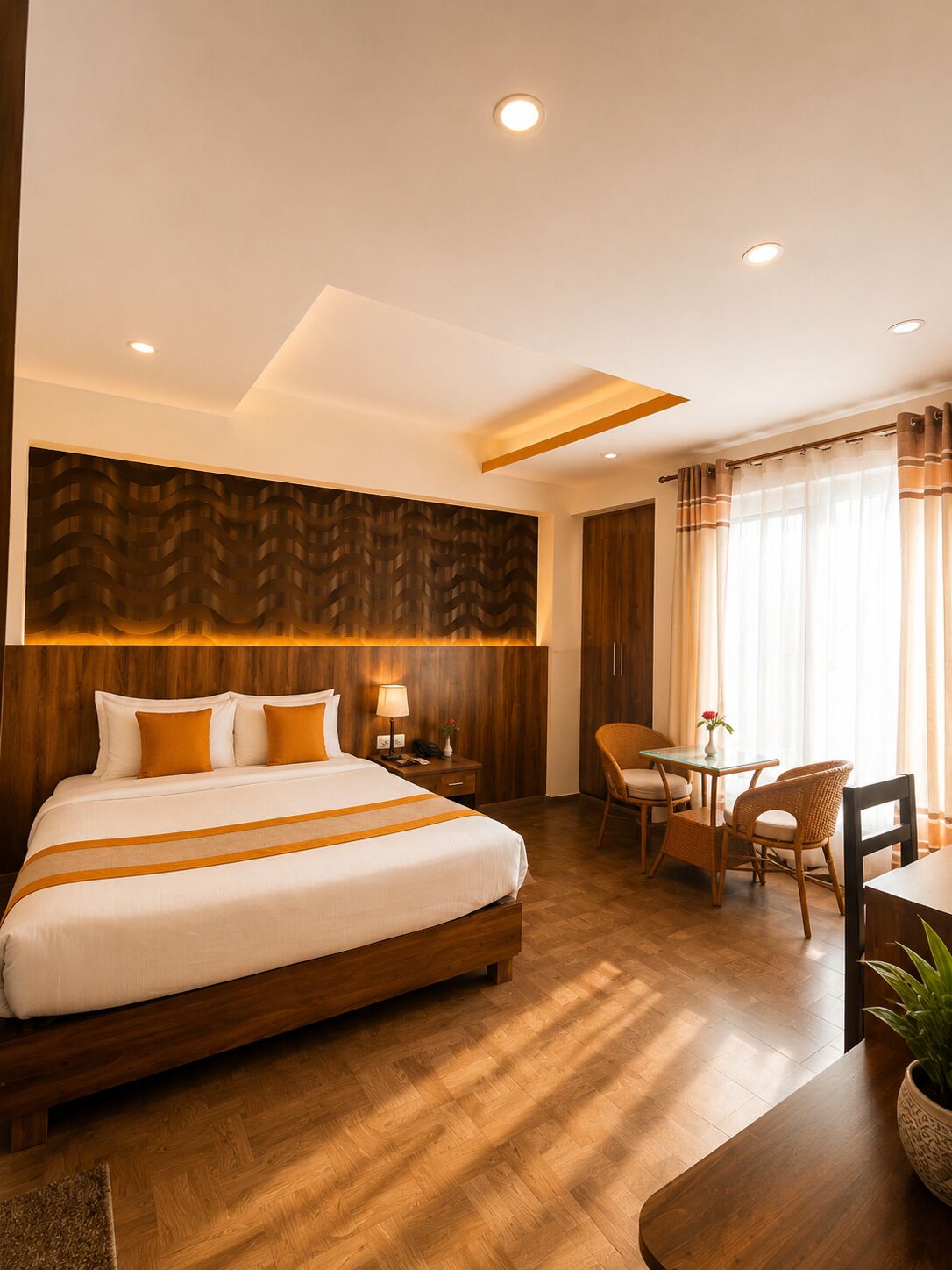 Una habitación de hotel con una cama grande, un escritorio y una silla.