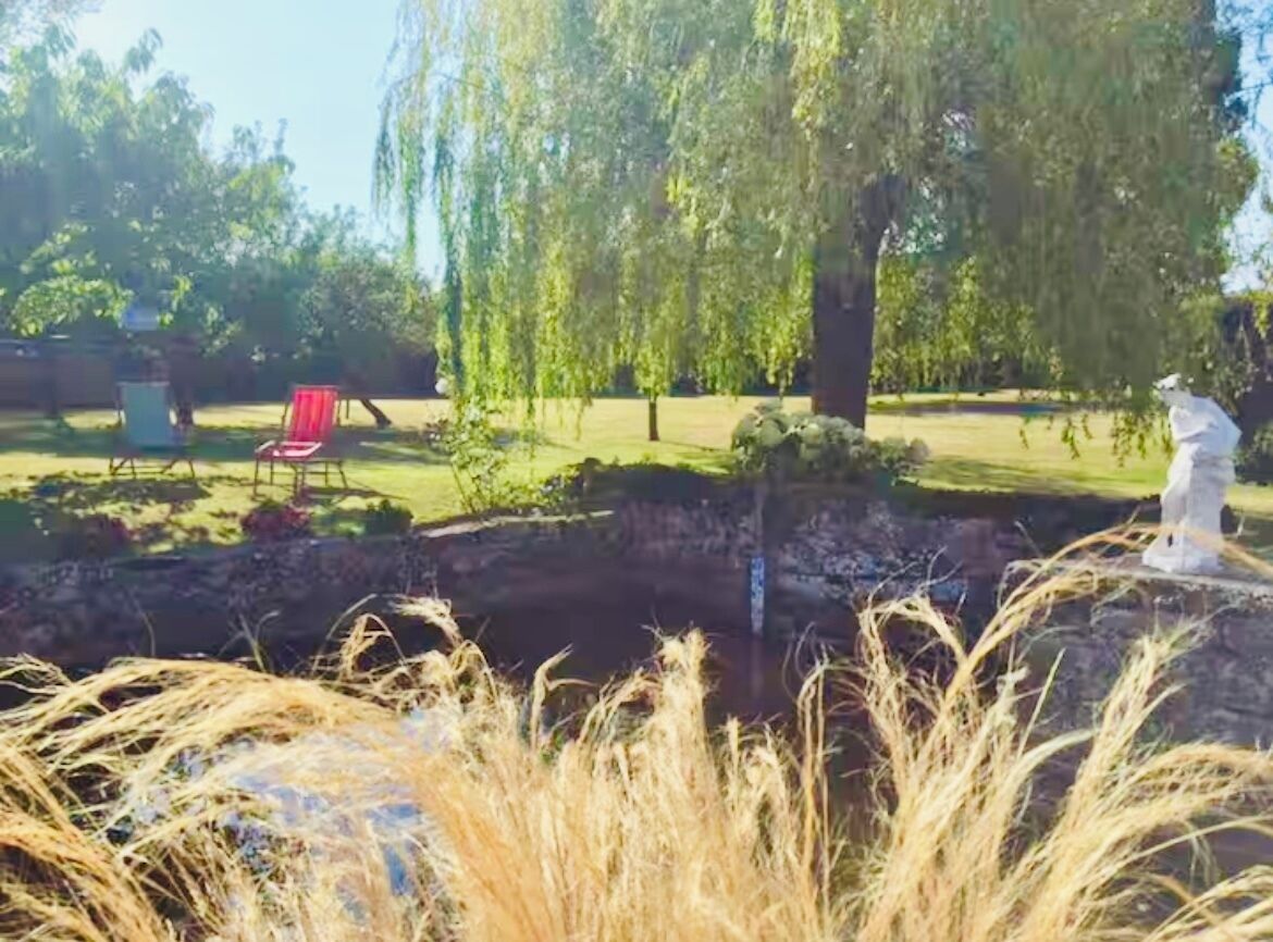 A serene outdoor area with a pond, a red chair, and a statue.