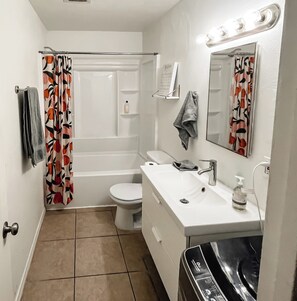 Hair dryer, towels, soap, toilet paper