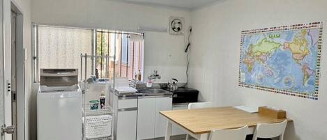 Fridge, microwave, stovetop, electric kettle