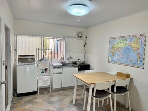 Fridge, microwave, stovetop, electric kettle