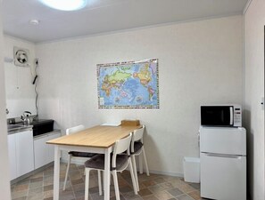 Fridge, microwave, stovetop, electric kettle