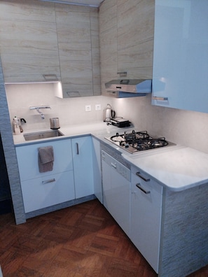 Fridge, microwave, stovetop, coffee/tea maker