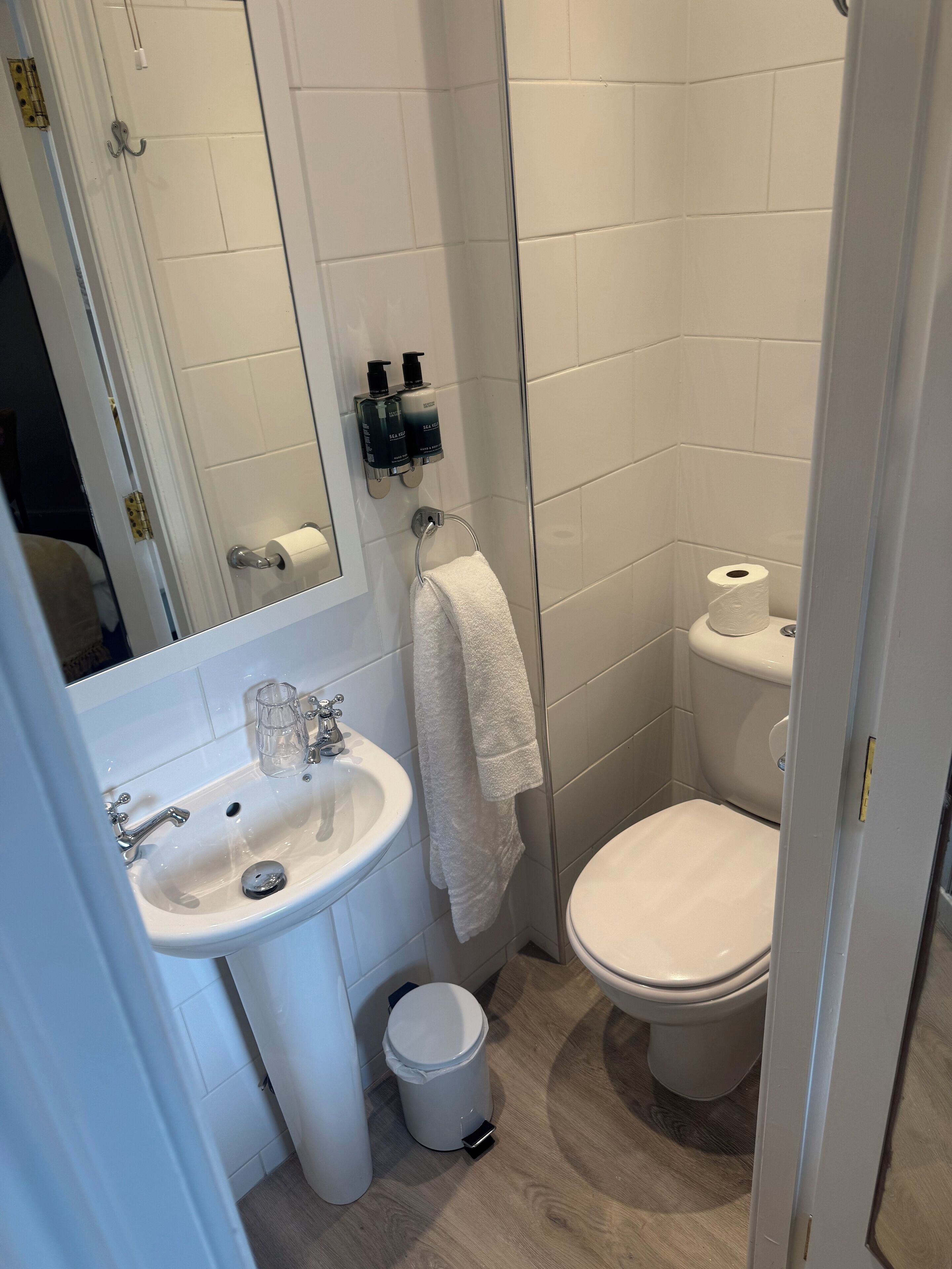 Ett badrum med ett vitt handfat, en toalett och en dusch. På väggen hänger två flaskor schampo och en toalettpappersrulle.