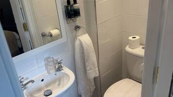 Ett badrum med ett vitt handfat, en toalett och en dusch. På väggen hänger två flaskor schampo och en toalettpappersrulle.