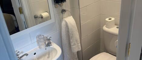 A bathroom with a white sink, toilet, and shower. There are two bottles of shampoo and a roll of toilet paper on the wall.
