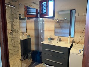 Shower, hair dryer, toilet paper