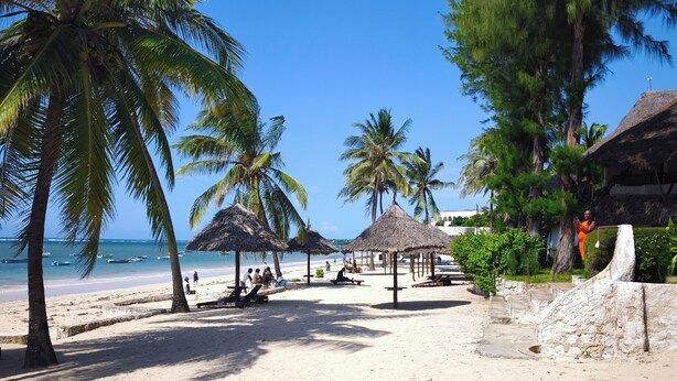 A beach with palm trees, thatched-roof huts, and a clear blue sky. - 2-bed apartment Malindi Kenya Direct beach location (Malindi)