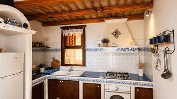 Une cuisine compacte avec un plafond en bois, une cuisinière, un évier et un petit four.
