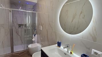 Shower, hair dryer, bidet, towels