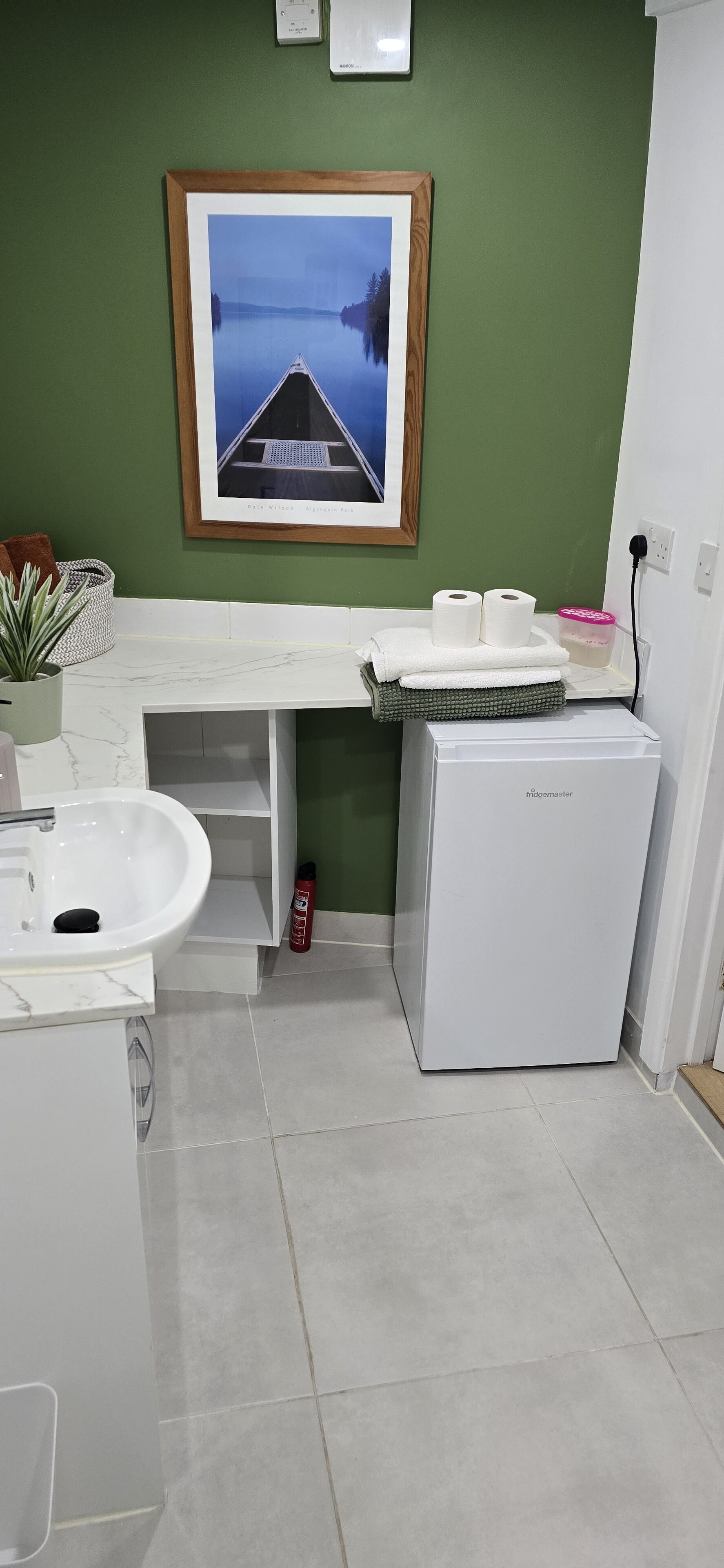 Dusch, hårtork, handdukar och toalettpapper