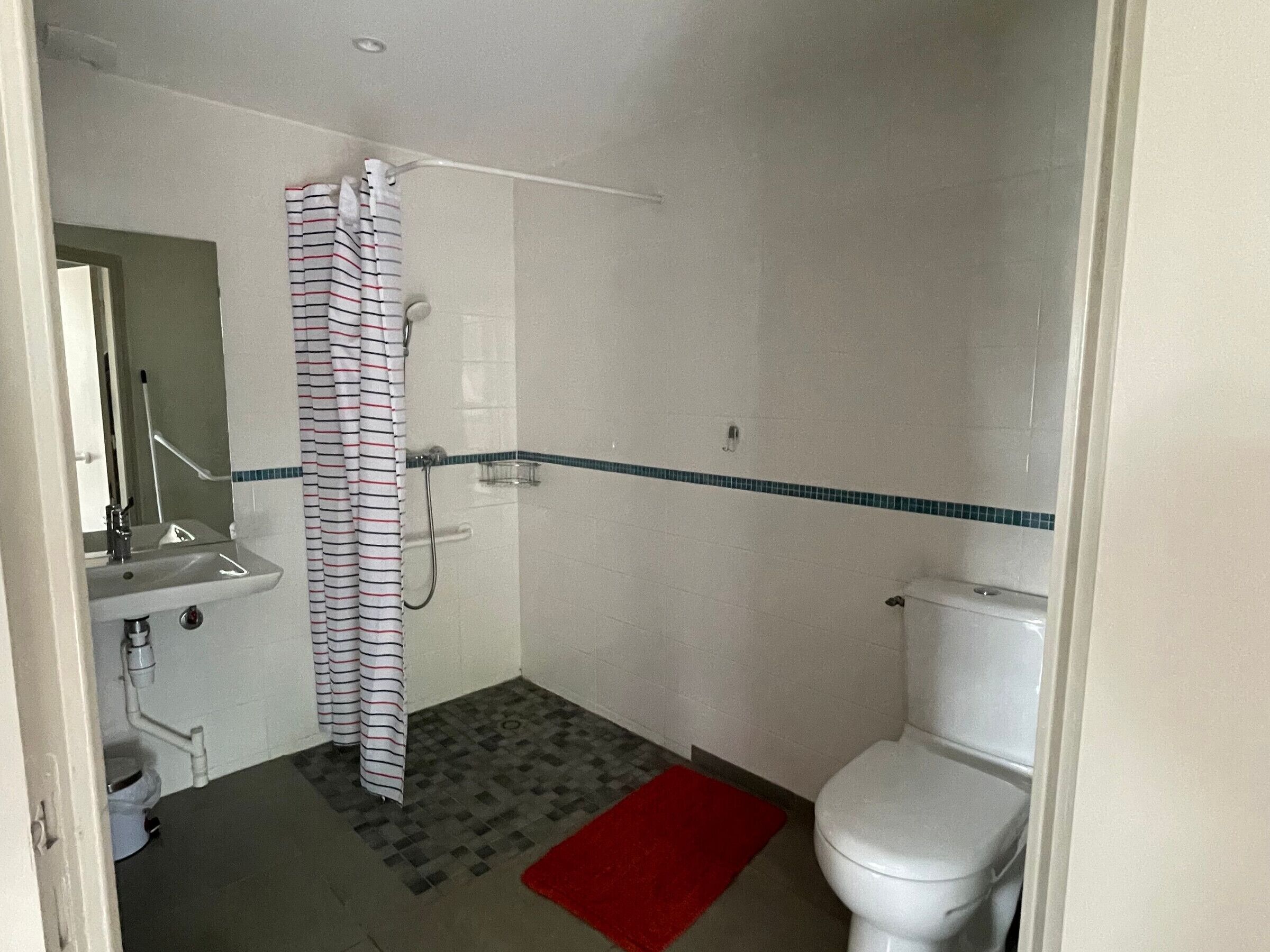 Een badkamer met douche, toilet, wastafel en een rood kleed.