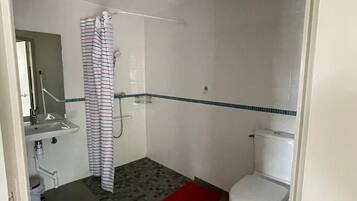 Een badkamer met douche, toilet, wastafel en een rood kleed.