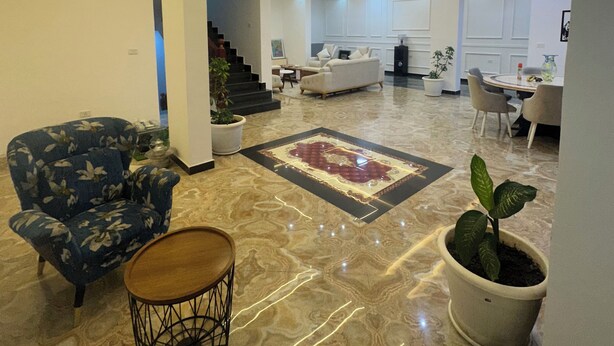 A modern living room with a sofa, a coffee table, and a potted plant. - Private room with private bathroom and closet.. shared living room and kitchen (Addis Ababa)