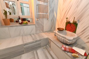 Hair dryer, towels, soap, toilet paper