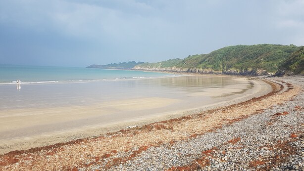 A beach with a pebbly shore and a forested hillside in the background. - A beautiful, charming Breton home. Located in Paimpol, 1 km from the mer.Au —quiet and private. (Paimpol)