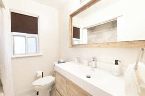 Hair dryer, towels, soap, toilet paper