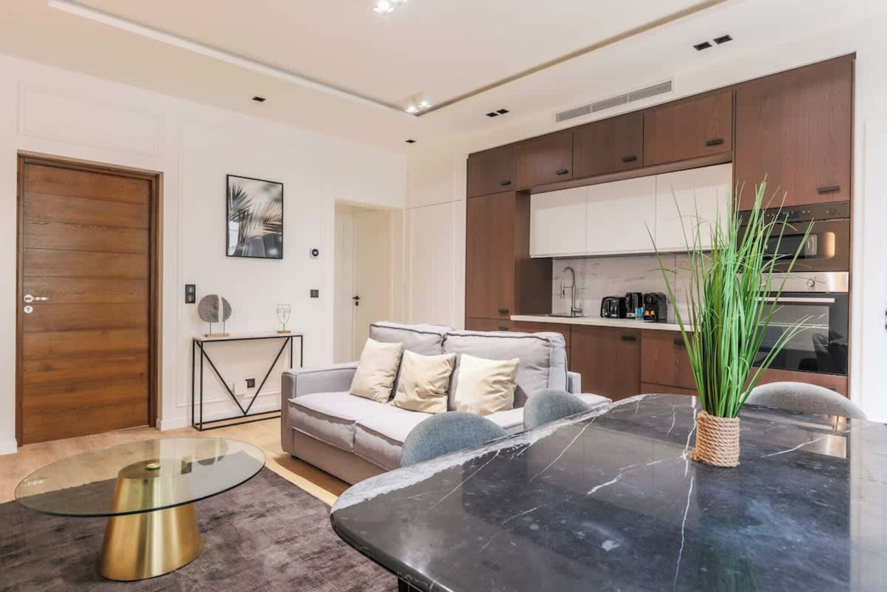 A modern living room with a glass coffee table, a sofa, and a dining table with a vase of green plants.