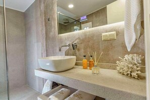 Basic Studio Suite | Bathroom | Hair dryer, bathrobes, slippers, towels - NIKKON LUXURY LIVING is a luxury private villa, in top of the sea.Enjoy LUXURY. (Viannos)