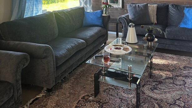 Ein modernes Wohnzimmer mit zwei Sofas, einem Glastisch und einem gemusterten Teppich.