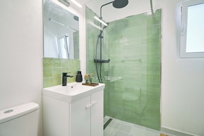 Shower, hair dryer, towels