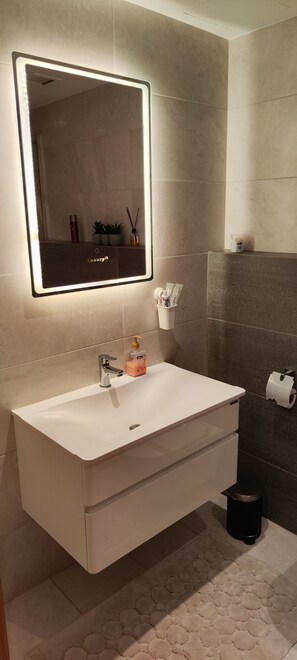 Hair dryer, towels, soap, shampoo