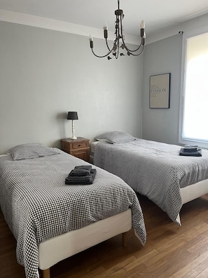 A bedroom with two beds, a chandelier, a bedside table with a lamp, a framed picture on the wall, and a window. - Léonie's house - 2 bedrooms - private courtyard - wifi (Châteauroux)