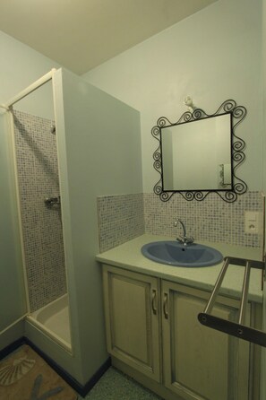 Een douche, een haardroger, handdoeken, toiletpapier