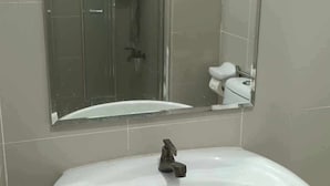 Un baño con cabina de ducha de vidrio, un lavamanos blanco y un espejo.