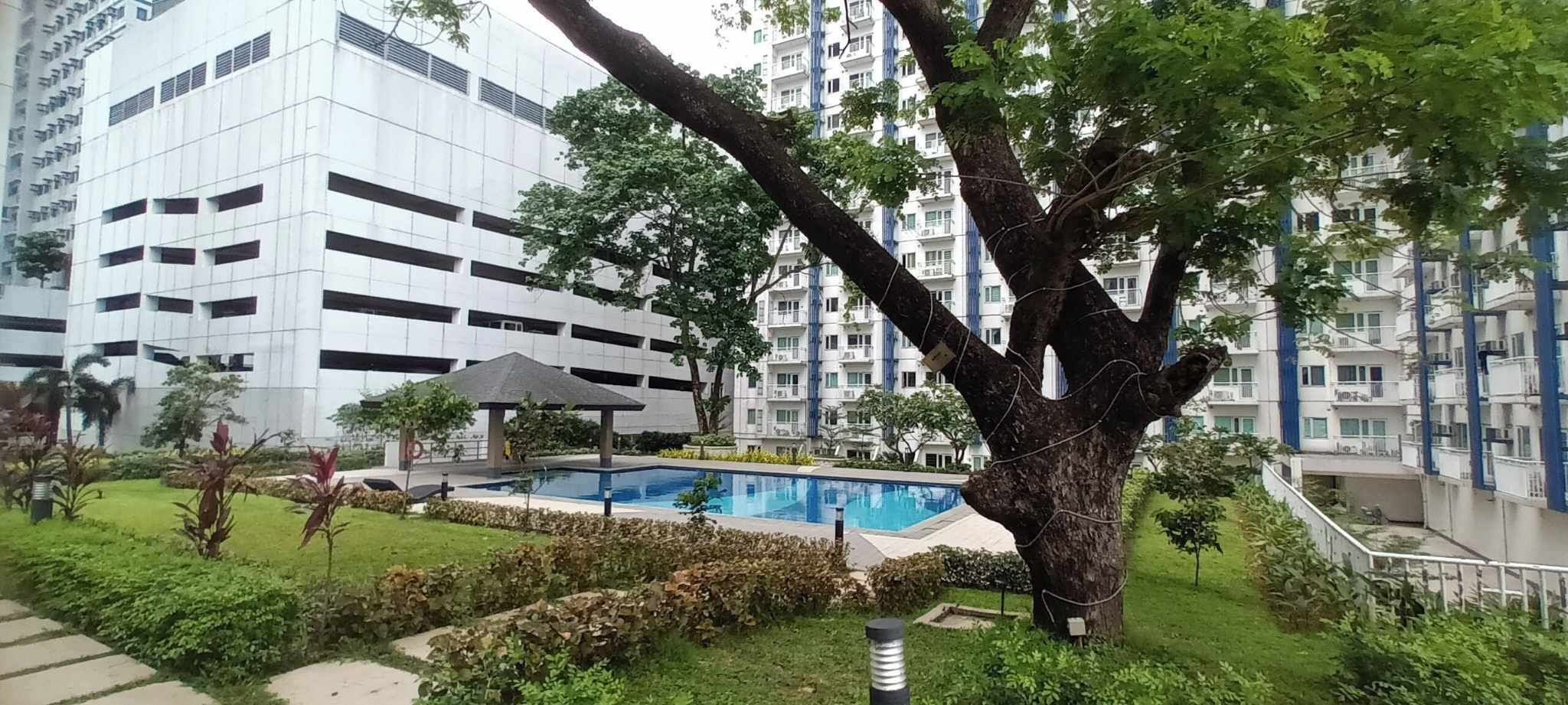 A residential building with a swimming pool, surrounded by greenery and a large tree.