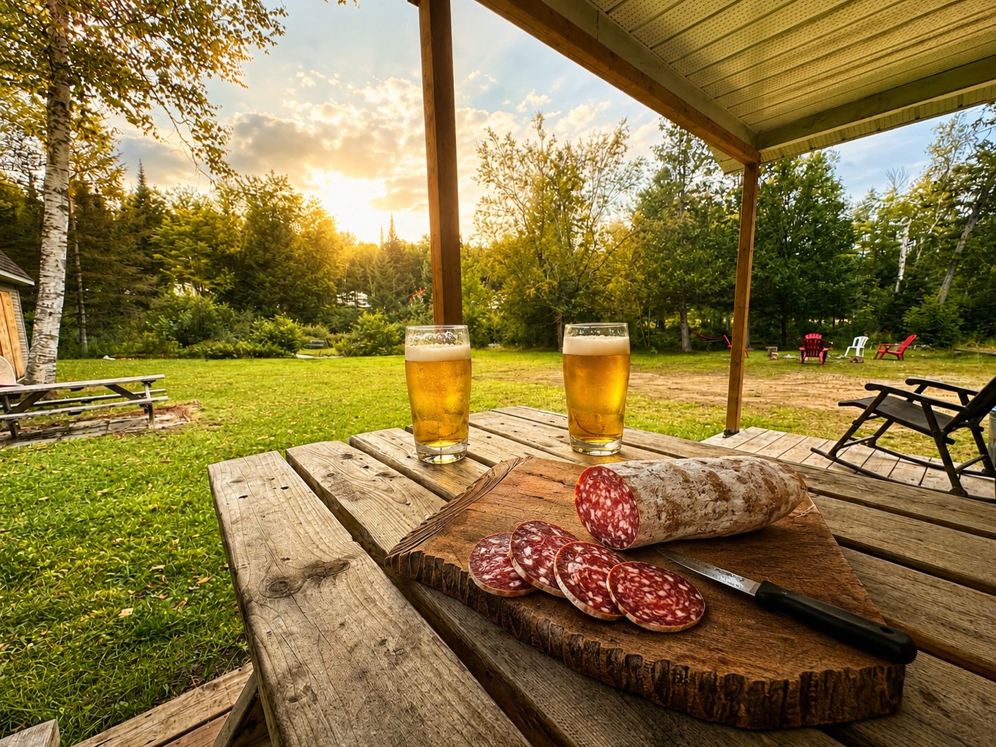 A wooden table with two glasses of beer and sliced salami, set outdoors with a view of trees and a cloudy sky.
