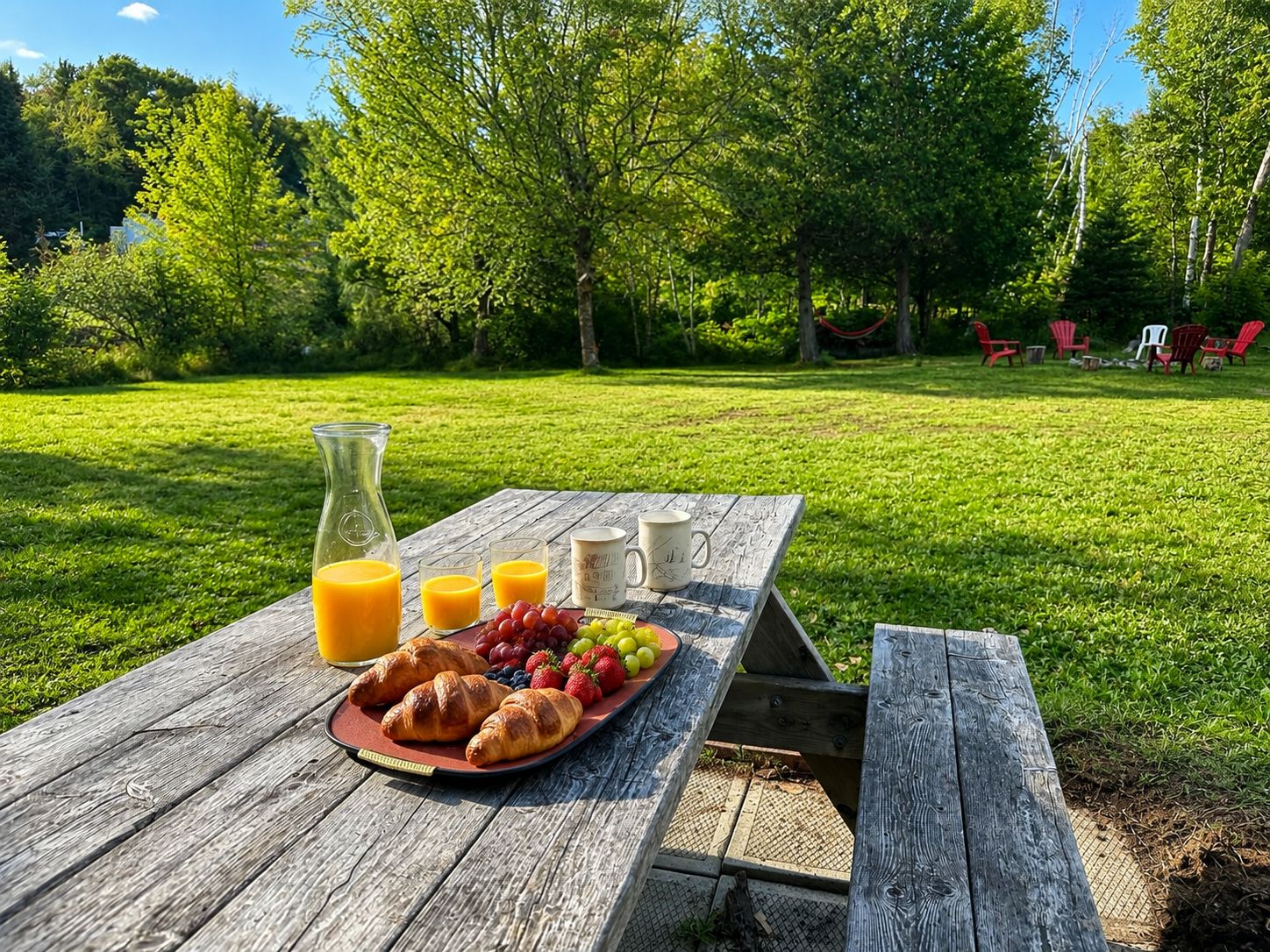 Et udendørs picnicbord med en kande, glas og en tallerken mad.