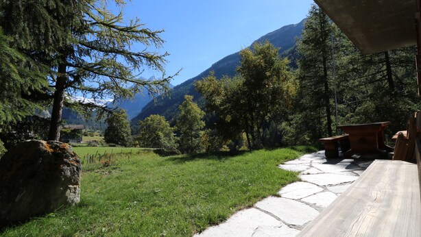A stone pathway leading through a grassy area with trees and a mountain in the background.