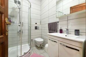 A modern bathroom with a glass-enclosed shower, a white toilet, and a vanity with a mirror and sink.