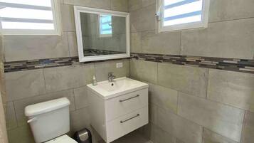 Hair dryer, towels, soap, toilet paper