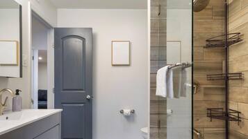 Eco-friendly toiletries, hair dryer, towels, soap
