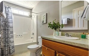 Hair dryer, towels, soap, toilet paper