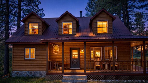 A log cabin with a porch, a stone entrance, and a metal roof. - Blue Pine Forest Lodge 3 Bedroom Cabin (Leavenworth)