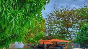An outdoor basketball court with a net, surrounded by trees and a covered seating area.