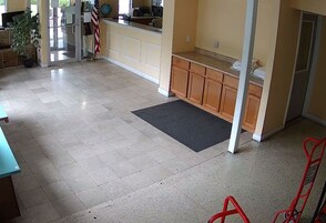 A spacious room with a tiled floor, a small rug, a wooden counter, and a potted plant.