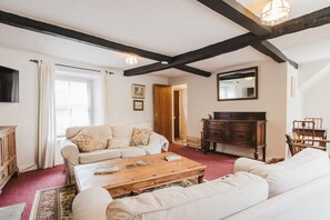 Smart TV, fireplace, books