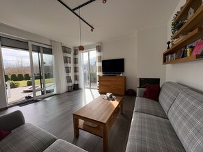 Smart TV, fireplace, video games, DVD player