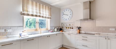 Fridge, microwave, oven, cookware/dishes/utensils
