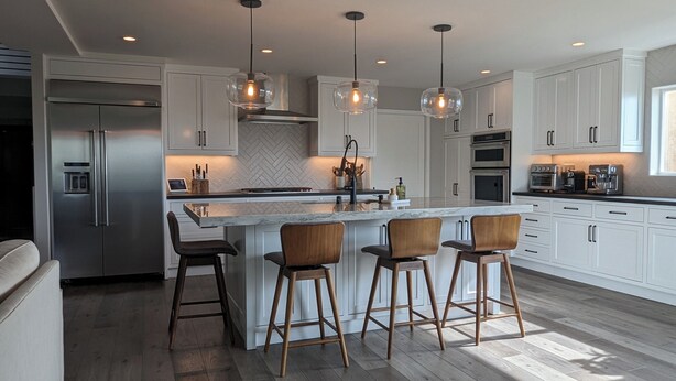 A modern kitchen with a central island, bar stools, stainless steel appliances, and pendant lighting. - Walkable Ocean-View Lantern District Home with AC & Garage (Dana Point)